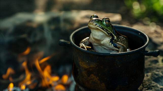 Surreal Frog Sitting in a Boiling Pot Over Campfire - Conceptual Scene for motivation story