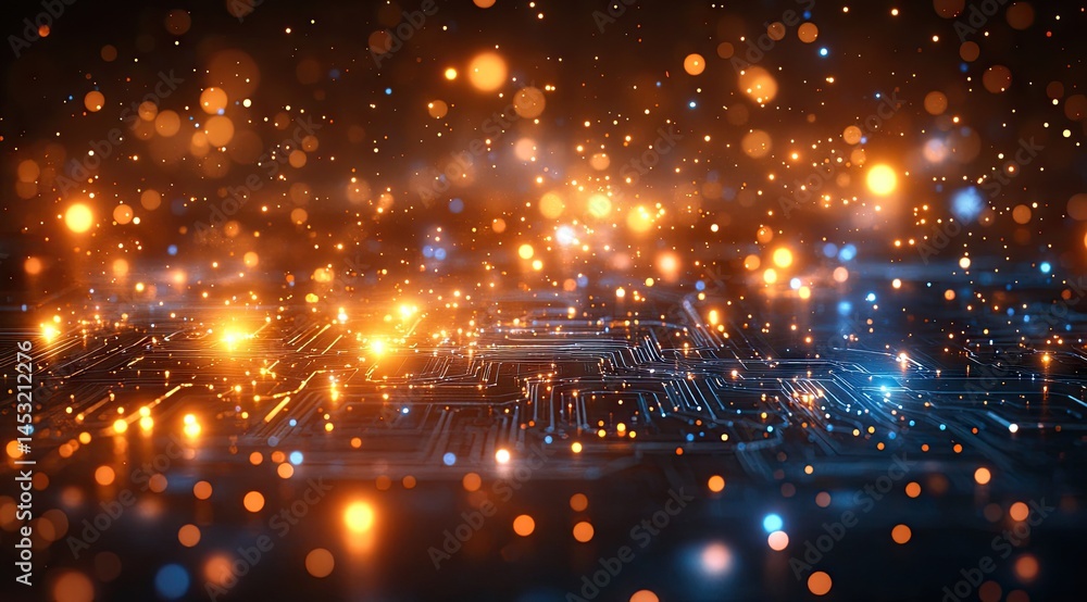 Poster abstract digital circuit board with glowing particles.
