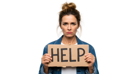Woman holding sign asking for assistance and support during crisis and difficult times concept image on transparent background
