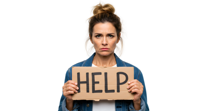 Woman holding sign asking for assistance and support during crisis and difficult times concept image on transparent background