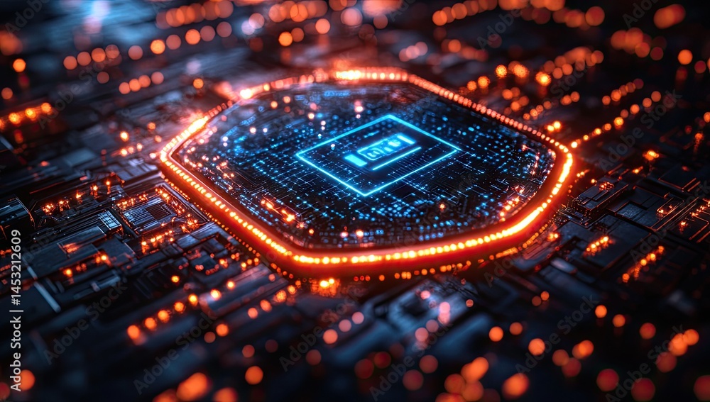 Poster close-up view of a glowing circuit board chip.