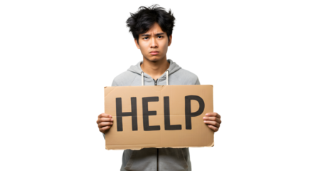 Seeking assistance young man with cardboard sign asking for guidance and support in difficult situation on transparent background