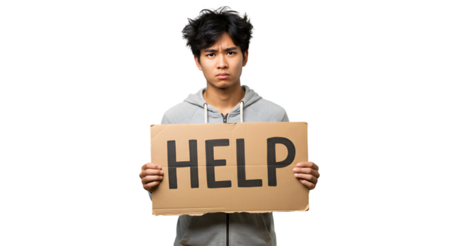 Seeking assistance young man with cardboard sign asking for guidance and support in difficult situation on transparent background