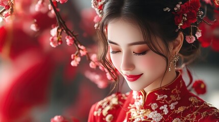 Fototapeta premium Elegant Chinese Bride in Red Traditional Dress