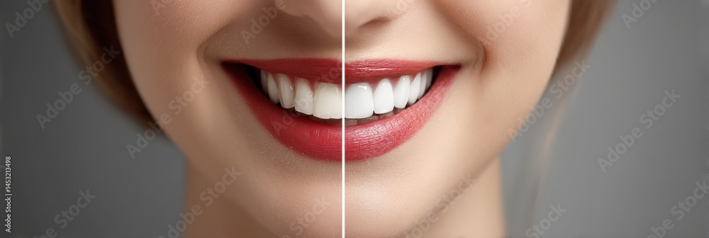 Poster before and after teeth restoration with split face showing dramatic smile transformation generative 