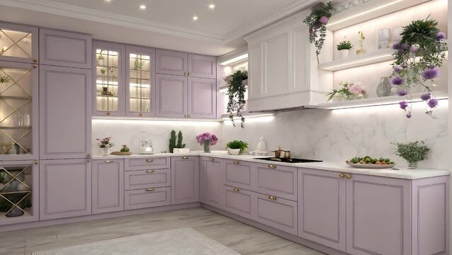 Lavender kitchen with glass cabinets and white marble backsplash