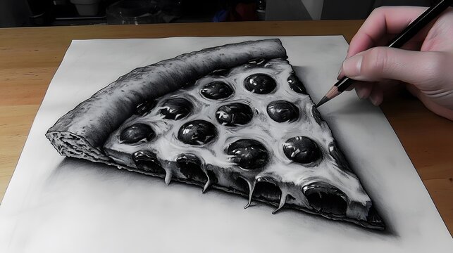 Hyperrealistic grayscale pizza slice drawing artistic food illustration culinary art