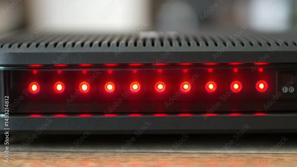 Poster red light indicator on electronic device panel signals termination with clear status on black plasti