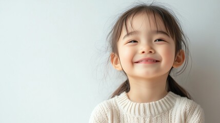 Naklejka premium Smiling Asian child isolated on white background, minimalist and copy space