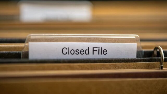 Closed file folder concept represents termination of document processing and organization office with archived paper documents stored file system