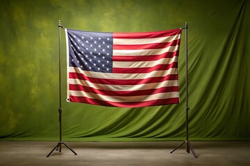 American flag on a stand against a mottled green background indoors