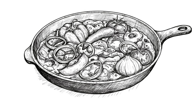 Lecsó vegetable dish in frying pan, monochrome hand-drawn sketch. Traditional Hungarian cuisine, food icon, healthy eating. Food blogs, recipes, menus, cookbooks, design elements