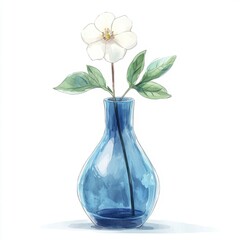 White Flower in a Blue Vase Watercolor Illustration