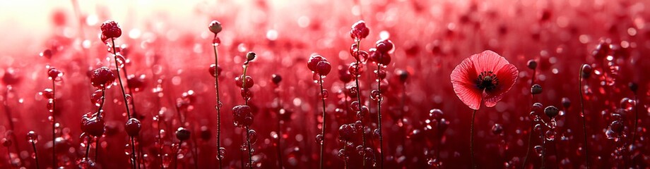 Obraz premium Immersive poppy field at golden hour. Scarlet petals, black pollen. Naturalistic style. Perfect for remembrance day designs, backgrounds, or vibrant nature themes.