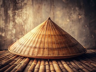 Vintage Asian Farmer Straw Hat, Traditional Vietnamese Bamboo Conical Hat, Flat Illustration