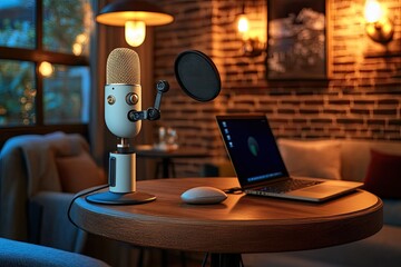 Warm studio microphone sits on a wooden table in a cozy room with a laptop Soft lighting illuminates the recording area