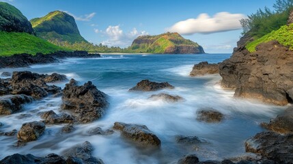 A scenic coastal view with ocean waves and rugged terrain