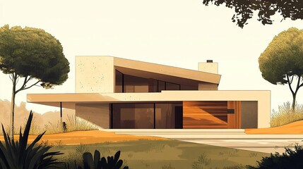 Modern house with concrete and wood exterior, nestled amongst trees