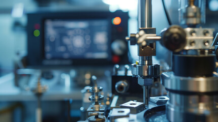 Engineer performing precision calibration checks on high-tech manufacturing equipment, focusing on detailed machinery and industrial technology in a professional factory environment.