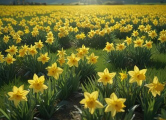 Obraz premium Sunlit daffodils burst forth in vibrant yellow against a lush green field , bright, wildflower meadow