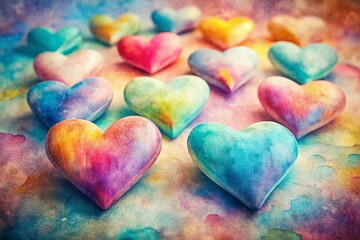 Fototapeta premium Vintage Watercolor Hearts Macro Photography: Close-up Detail of Delicate Painted Hearts