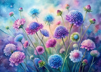 Vintage Watercolor Scabiosa Panorama: Lavender Pink & Blue Floral Art Print