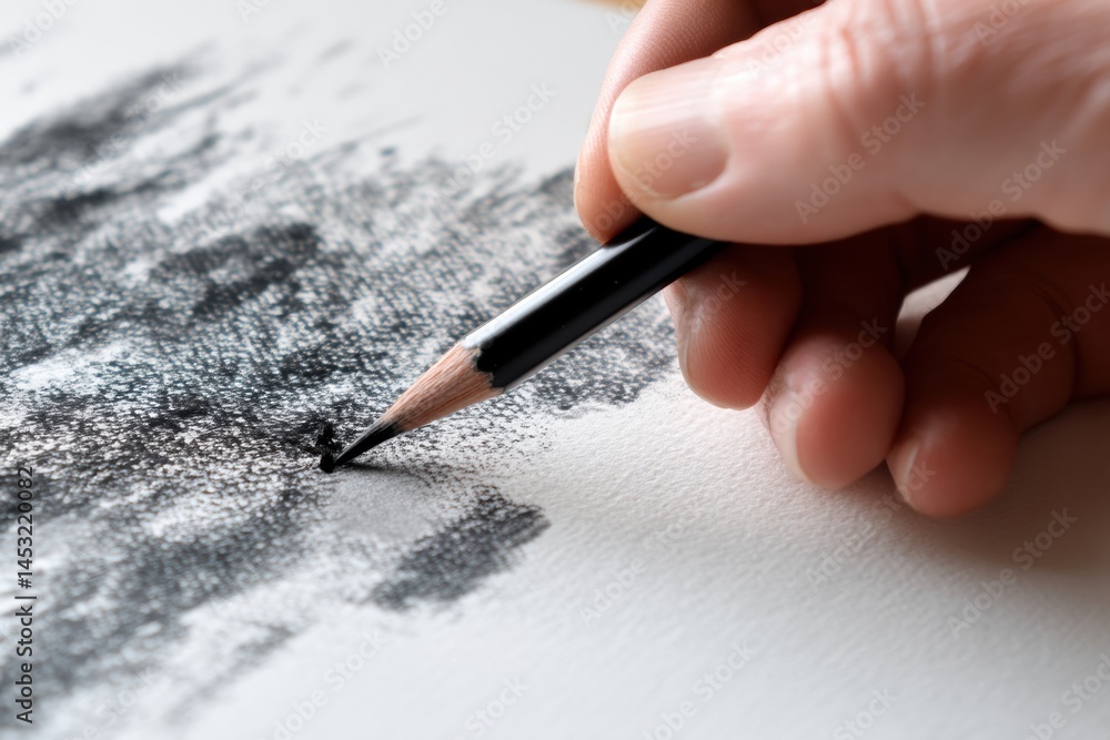 Poster close-up view of a charcoal drawing process on textured white paper showcasing artistic details and 
