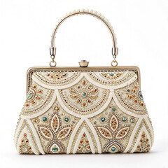 Vintage handbag with beaded details on white background