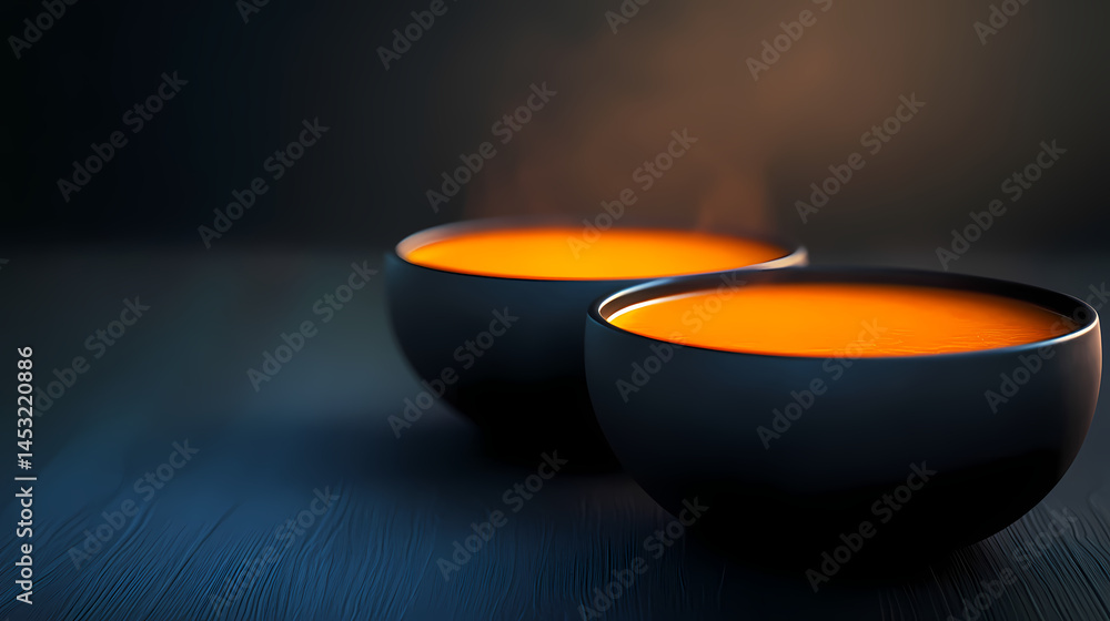 Wall mural two bowls of pumpkin soup in a close-up view, set against a dark background. beautiful simple ai gen