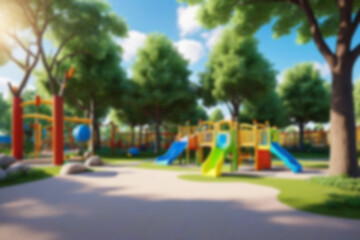 Children's games in the park blur, bright and cool atmosphere, natural theme with trees next to it, no humans, 8k quality.