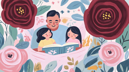 Father reading book to daughter at bedtime surronded by flowers. Concepts of Father's Day, dark red roses, parenting, care, nighttime, being together, nighttime reading