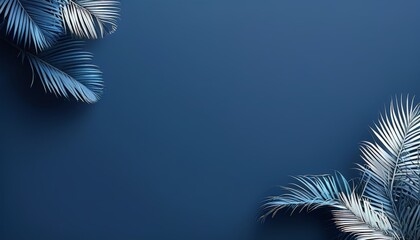 Elegant composition of blue-toned tropical palm leaves against a solid blue background. Perfect for nature-themed designs, backgrounds, and creative projects.