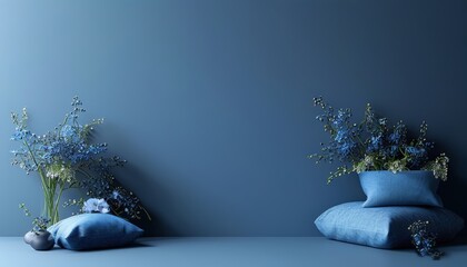 A sophisticated floral arrangement featuring blue-toned flowers and cushions on a matching blue background. Ideal for home decor, interior design, and lifestyle concepts.