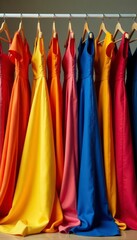 Vibrant gowns cascade on a clothing rack, showcasing diverse fabrics and hues , fabric, vivid