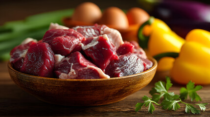Bowl of Raw Dog Food with Vegetables and Eggs, Close-Up Shot on Wooden Table

