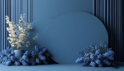 A stylish blue vase filled with delicate blue and white flowers against a minimalist blue background. Perfect for modern interior design concepts.
