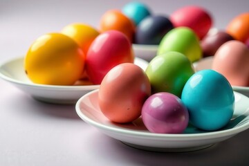 Vibrant dyed eggs, various colors, arranged on white plates, spring decoration, Easter