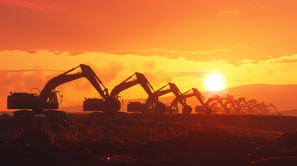 Excavators lined up against stunning sunset create striking silhouette, showcasing power and efficiency of heavy machinery in construction .