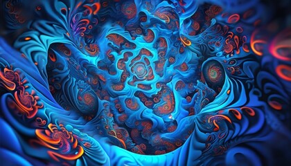 Vibrant abstract fractal art featuring intricate blue and orange swirling patterns. Perfect for digital backgrounds and creative projects.
