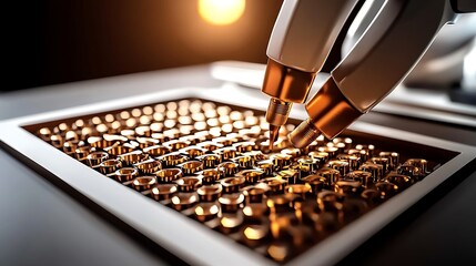 Robotic arms delicately assembling intricate golden components in a high-tech workshop setting