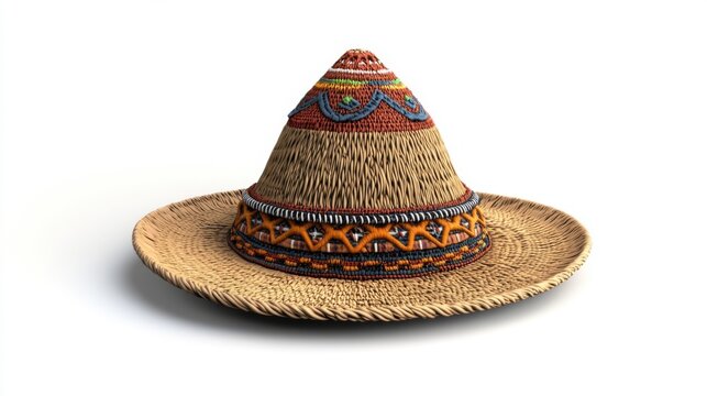 Handcrafted Woven Straw Hat with Vibrant Ethnic Embroidery and Unique Conical Crown Isolated on White Background