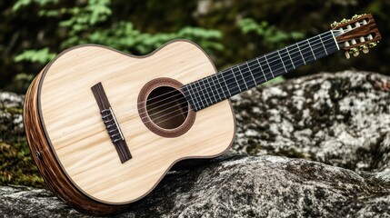 Obraz premium An acoustic classical guitar rests on a rocky outdoor surface