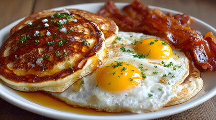 Pancakes, Bacon, and Eggs on Breakfast Plate Close-Up
