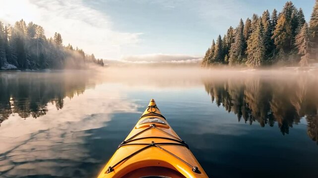 A serene video scene from a kayak's point of view, gliding on a misty lake surrounded by forest, captured at eye-level for immersive experience. Live desktop wallpaper.