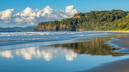 Obraz premium Beautiful coastal landscape featuring a sandy beach and forested hills