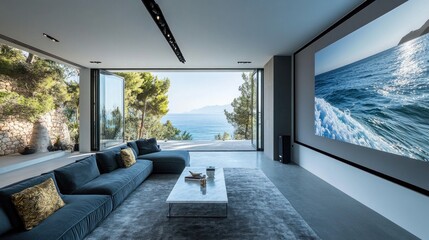 Modern living room with ocean view and projection screen