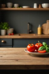 Rustic wooden tabletop, blurred kitchen backdrop Ideal for food, kitchenware displays , promotional, cooking utensils
