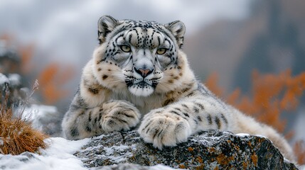 Fototapeta premium Majestic snow leopard resting on snowy rocks.