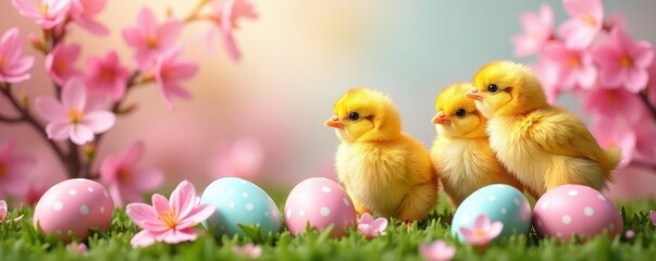 Three vibrant chicks perched amongst pink blossoms and speckled Easter eggs , Chicks, baby birds, celebration