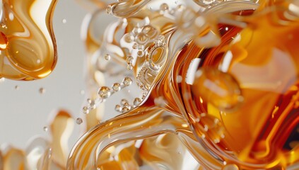 Abstract liquid swirls, amber and translucent.  Detailed fluid motion and bubbles